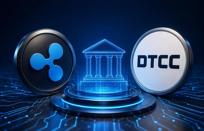 The image features a glowing blue bank-like structure flanked by two coin-like emblems—one displaying the Ripple logo and the other reading "DTCC"—symbolizing the launch of DTCC's first tokenized securities production trades with Ripple Prime's participation in bringing tokenization to real-world market infrastructure.