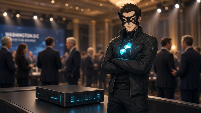 A masked figure with crossed arms stands in a formal event setting with a 'WASHINGTON DC' banner visible behind him, next to a futuristic device on a table.