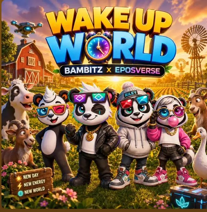 A vibrant promotional graphic titled 'WAKE UP WORLD' by BAMBITZ x EPOSVERSE, featuring cartoon panda characters wearing sunglasses and streetwear in a colorful farm setting.