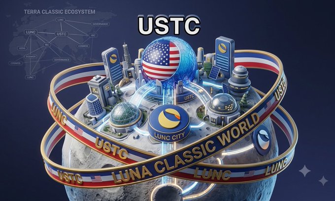 A promotional graphic for the Terra Classic ecosystem featuring USTC, Luna Classic World, and LUNC City with an American flag globe design.