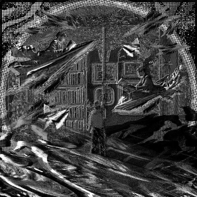A monochrome, highly textured and stylized illustration of figures in a room with large windows, distorted by patterns of dots, cracks, and sweeping brushstrokes.