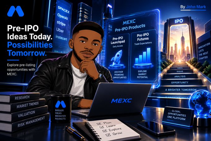 A young man sits at a desk with a MEXC laptop, surrounded by promotional imagery for MEXC's Pre-IPO products featuring companies like SpaceX, OpenAI, Stripe, and Uber, alongside text such as "Pre-IPO Ideas Today. Possibilities Tomorrow," "MEXC Pre-IPO Products," and "IPO." The image visually promotes the Pre-IPO offerings that the post clarifies are distinct from RealStocks on the MEXC0808 platform.