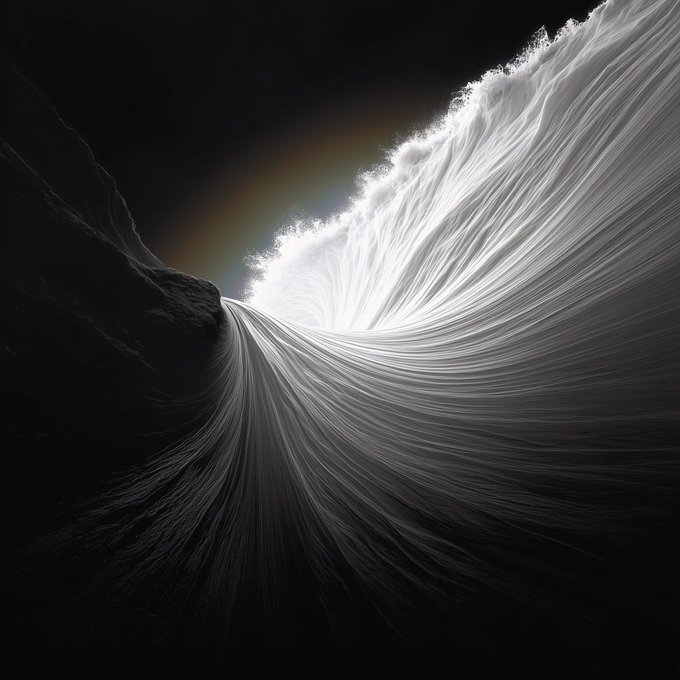 A dramatic image of a massive, curling ocean wave with white foam crashing against dark rock, illuminated against a black background.