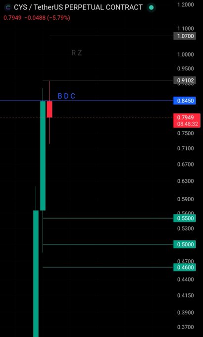 The image shows a candlestick chart of the CYS/USDT perpetual contract, currently priced at 0.7949 with a 5.79% decline, displaying key resistance levels (RZ) at 1.0700, BDC at 0.8450, and BDC at 0.7949 along with lower support zones. The chart visually supports the trader's plan by highlighting the critical 0.8450 BDC level as the trigger point for re-entering short positions upon a daily close below it with bearish confirmation.