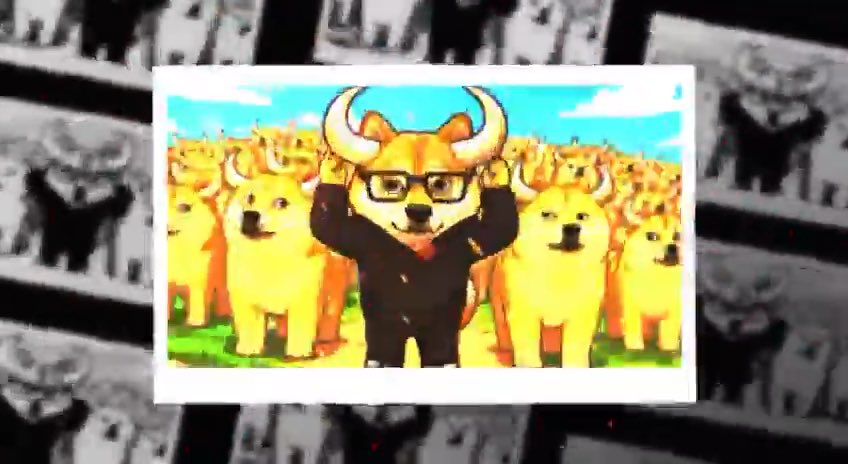 The image shows a colorful illustration of a Shiba Inu-style dog character wearing glasses and posing triumphantly among a crowd of similar golden dog figures, set against a blue sky background. This appears to be meme art celebrating the $BOGE token and its community, paying tribute to Billy Markus (creator of Dogecoin), whose iconic Shiba Inu meme representation is reimagined here in golden hues—aligning with the "Bringing Only Good Energy" rallying theme around the token.