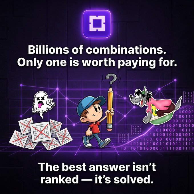 A boy holds a pencil beneath a glowing purple cube icon, surrounded by crossed-out Sudoku puzzles, a ghost, and a dog in a flying saucer, with the text "Billions of combinations. Only one is worth paying for." and "The best answer isn't ranked — it's solved." The image visually represents QMS Network's core offering: solving optimization problems with countless possible combinations to find the single best solution, rather than merely ranking candidates.