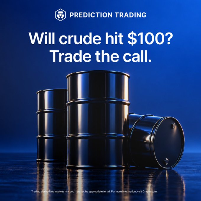 A promotional ad for Prediction Trading featuring stacked black oil barrels against a dark blue background, with the headline "Will crude hit $100? Trade the call." and a risk disclaimer at the bottom. The image visually reinforces the accompanying post's invitation to predict whether crude oil will reach the $100 milestone, with the barrels symbolizing the commodity at the center of the trading question.