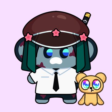 Chibi-style cartoon illustration of a character with dark teal hair and a brown helmet with stars, wearing a white shirt and tie, standing next to a small bear with rainbow-colored eyes on a pink background.