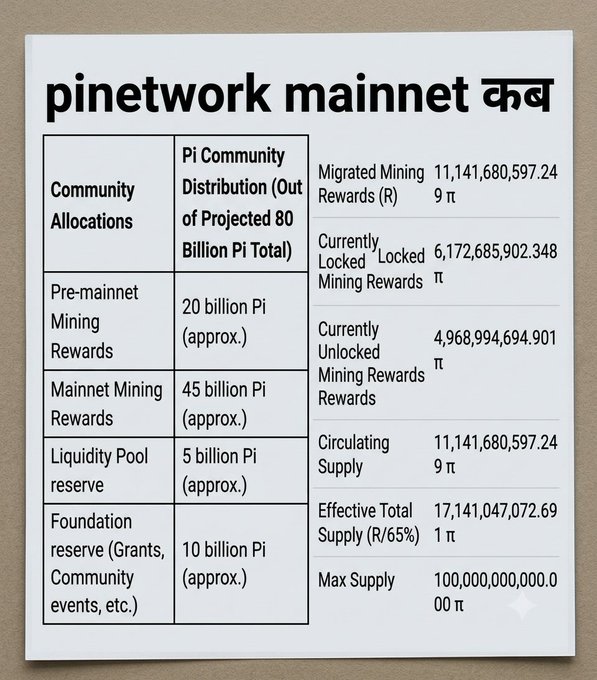 The image is an infographic detailing the Pi Network community allocations and mining rewards distribution out of a projected 80 billion Pi total, including a 5 billion Pi liquidity pool reserve and 10 billion Pi foundation reserve, with 11,141,680,597.249 π currently in circulating supply and a max supply of 100,000,000,000 π. The chart relates to the post by outlining the Pi Coin mainnet tokenomics and migration status, suggesting the roadmap and supply figures that may inform predictions about the full mainnet migration timeline—whether September 2026 or March 2027.