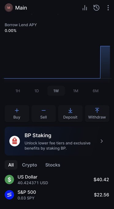 This is a screenshot of the Backpack app, showing a "BP Staking" feature and holdings in "US Dollar" and "S&P 500".
