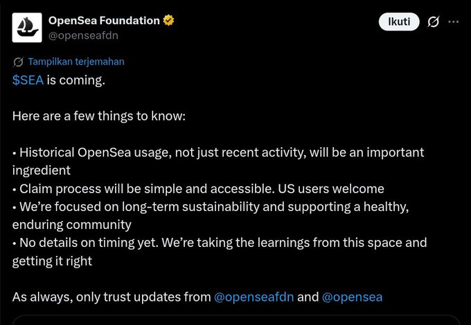 A screenshot of a tweet from OpenSea Foundation (@openseafdn) announcing that "$SEA is coming" with bullet points about historical usage, claim process, sustainability, and timing details.
