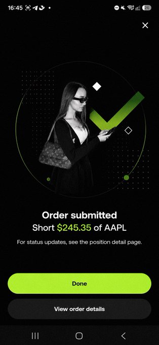 A Robinhood mobile app screenshot confirming "Order submitted" to short $245.35 of AAPL stock, featuring a black-and-white image of a stylish woman with sunglasses and a handbag next to a green checkmark. The image relates to the post about trading on a crypto exchange app (OKX) and going short, contrasting that style with the "buy and hold" approach.