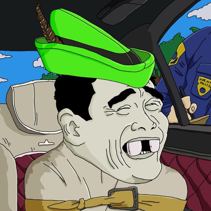 A cartoon caricature of a man with exaggerated facial features, wearing a green hat with a feather, strapped to a seat in a car with a Happy Police officer visible outside.