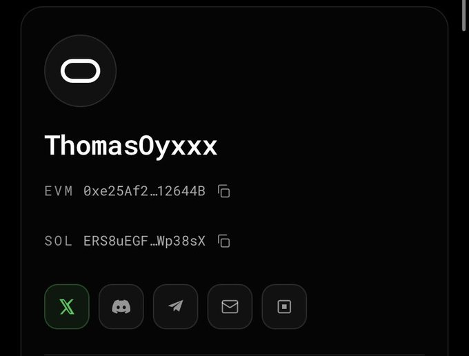 The image shows a user profile card for "Thomas0yxxx" displaying two blockchain wallet addresses (EVM: 0xe25Af2...12644B and SOL: ERS8uEGF...Wp38sX) along with social platform icons including X, Discord, Telegram, email, and website links. This profile represents the user's connected accounts and wallets, likely demonstrating the multiple integrations needed to claim legacy p8ints across the @c8ntinuum ecosystem.