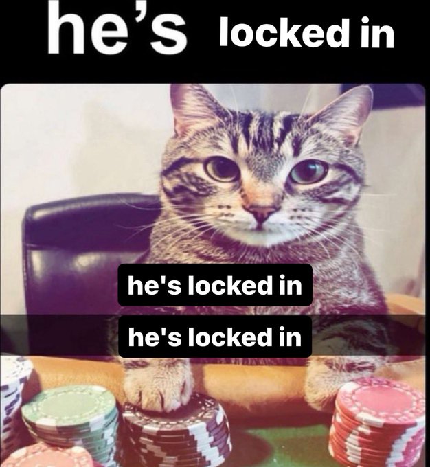 A meme featuring a cat sitting in front of poker chips with the text "he's locked in" repeated in multiple placements.