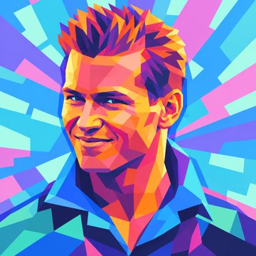 A colorful geometric/pop-art style digital illustration of a smiling man with spiky blonde and purple hair against a vibrant blue and pink radial background.