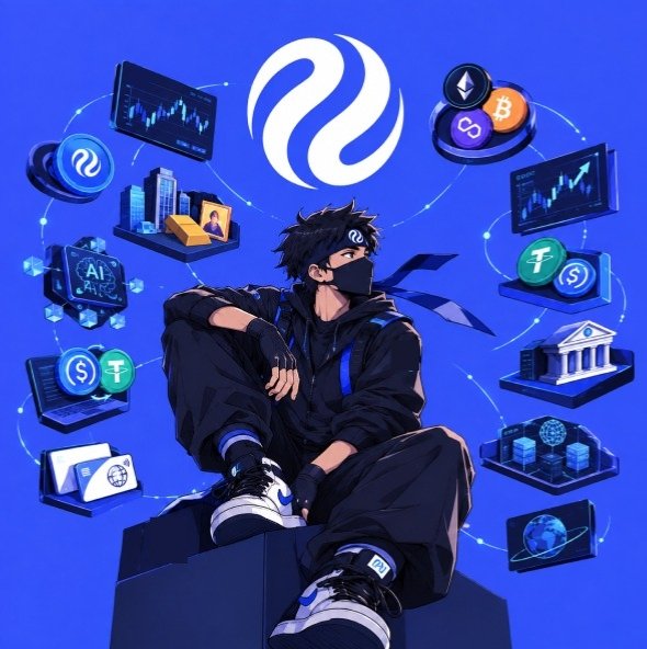 An anime-style illustration features a masked ninja-like character in dark clothing sitting on a rooftop, surrounded by floating icons representing cryptocurrency exchanges and Injective's logo.