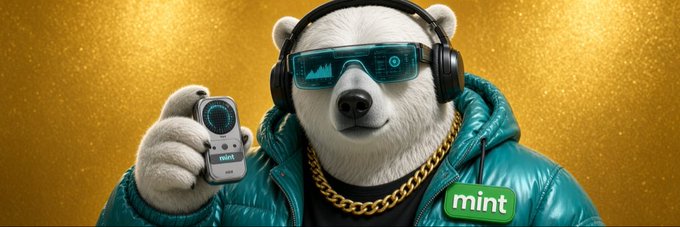 A promotional image featuring a polar bear mascot wearing a teal puffer jacket, gold chain, and futuristic teal sunglasses with HUD displays, holding a small handheld device labeled "mint" against a gold background.