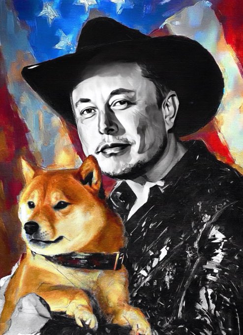 A painted portrait shows Elon Musk wearing a black cowboy hat and suit while holding a Shiba Inu dog, set against a backdrop resembling the American flag. The image directly references Dogecoin, the cryptocurrency famously associated with Musk and symbolized by the Shiba Inu breed.
