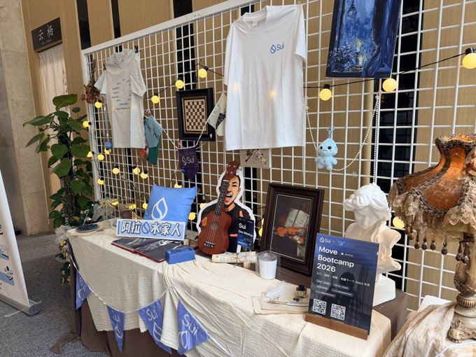 The image shows a table with various items, including clothing, artwork, and other decorations. There are also some banners hanging from the wall behind the table. The main focus of the image seems to be the clothing displayed on the table, which includes t-shirts and other apparel.