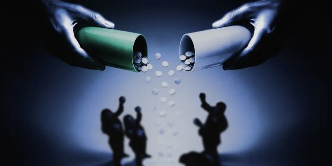 A stylized image showing two hands pouring white pills from green and white pill bottles onto silhouetted human figures below, representing a metaphorical concept.