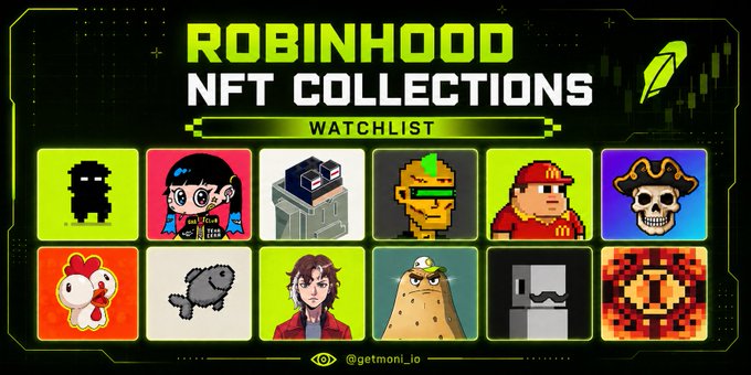 A digital graphic titled 'ROBINHOOD NFT COLLECTIONS WATCHLIST' with a green cyber-style design, displaying 12 NFT thumbnails including pixel art characters, a chicken, and various avatars, credited to @getmoni_io.