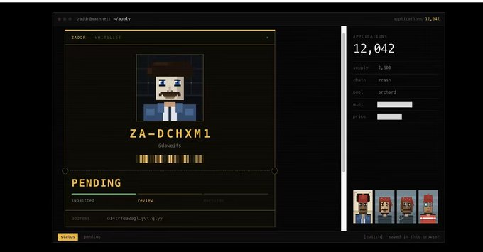 A screenshot of a website showing a crypto NFT collection titled 'ZADOR' featuring pixel art portraits, with an application count of 12,042 and a pending status for item ZA-DCHXM1.