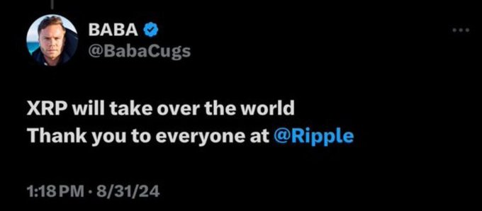 This image shows a tweet from "BABA @BabaCugs" stating "XRP will take over the world" and thanking "@Ripple" on 8/31/24. The accompanying post "maybe Aug. XRP" likely refers to this tweet, highlighting the positive XRP sentiment posted on the last day of August.