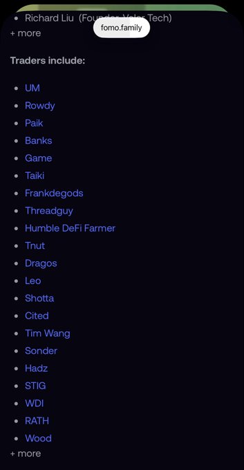 A list of traders under the heading 'Traders include:' featuring names like UM, Rowdy, Paik, Banks, Game, Taiki, Frankdegods, Threadguy, Humble DeFi Farmer, Tnutt, Dragos, Leo, Shotta, Cited, Tim Wang, Sonder, Hadz, STIG, WDI, RATH, and Wood, with a link for fomo.family.