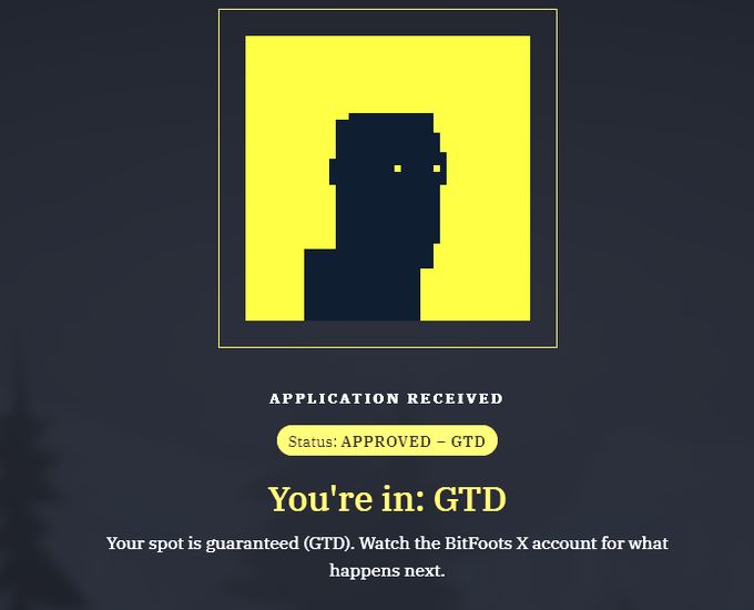 A dark screen displays an "APPLICATION RECEIVED" confirmation with "Status: APPROVED – GTD" and "You're in: GTD" text, featuring a pixelated silhouette icon and noting the user's spot is guaranteed for BitFoots X.