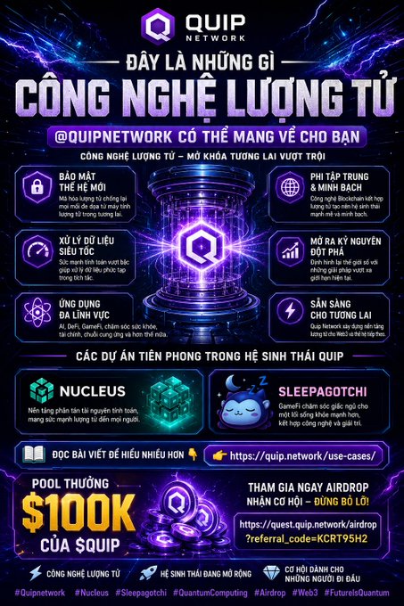 The image features a poster for Quip Network, which has purple and blue colors with white text. The poster includes a list of items that are available at Quip Network, such as "pool", "công nghệ là một ý tưởng tương lai" (which means "games"), and "công nghệ là một ý tưởng tương lai" (which means "coins"). The poster also includes a description of the services offered by Quip Network, such as "công nghệ là một ý tưởng tương lai", and "công nghệ là một ý tưởng tương lai" (which means "games"). The poster also includes a description of the services offered by Quip Network, such as "pool", "công nghệ là một ý tưởng tương lai", and "công nghệ là một ý tưởng tương lai" (which means "coins").