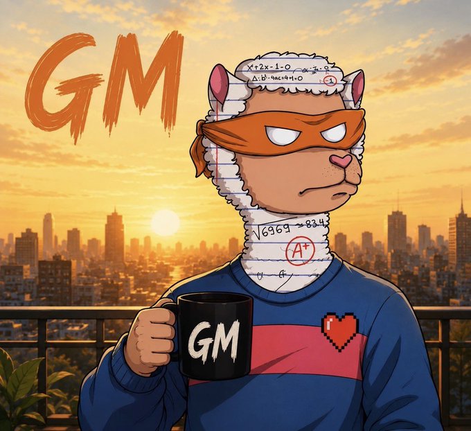Cartoon illustration of a llama-like character wearing an orange mask, holding a black mug that says "GM", set against a sunset city skyline with "GM" text in the upper left.