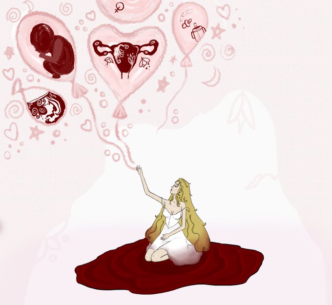 A digital illustration of a blonde woman in a white dress sitting in a pool of red liquid, reaching up toward floating heart-shaped balloons containing various sketches.