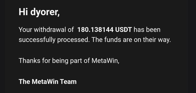 A MetaWin withdrawal confirmation email showing a successful payout of 180.138144 USDT to user "dyorer," supporting the post's claim of receiving $180 for dropping a comment on the platform.