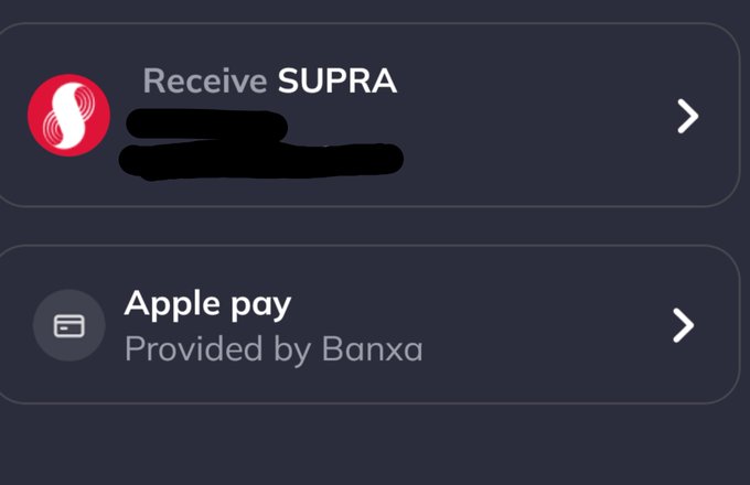 A dark UI screen showing 'Receive SUPRA' with a red Supra logo (some text redacted) and an 'Apple pay Provided by Banxa' payment option.