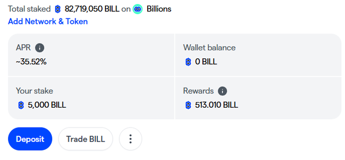 A cryptocurrency staking dashboard showing a total staked amount of 82,719,050 BILL tokens with an APR of ~35.52%, a stake of 5,000 BILL, and rewards of 513.010 BILL.