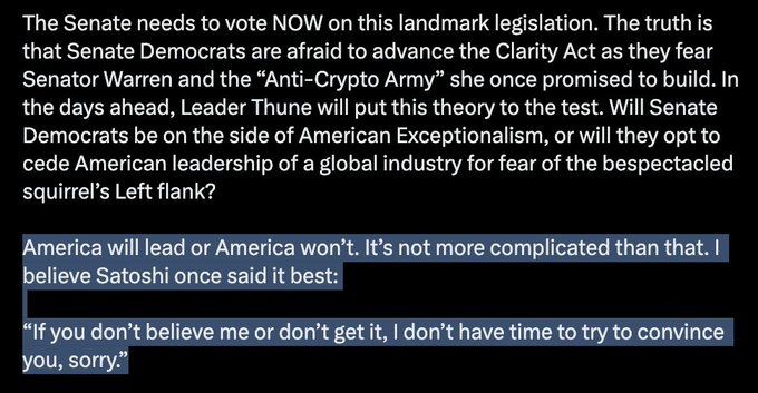 The image shows a text post calling for a Senate vote on the Clarity Act, referencing Senator Warren and the "Anti-Crypto Army," with a highlighted quote from Treasury Secretary Scott Bessent attributing a famous Satoshi Nakamoto Bitcoin quote: "If you don't believe me or don't get it, I don't have time to try to convince you, sorry."
