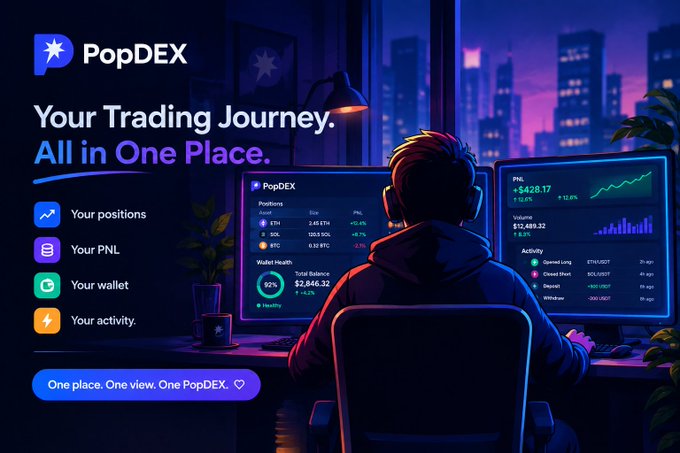 A promotional graphic for 'PopDEX' featuring the tagline 'Your Trading Journey. All in One Place.' and showing an illustrated trader at a multi-monitor desk with a dark cityscape, highlighting features like positions (ETH, SOL, BTC), wallet health (82%), and PNL tracking.