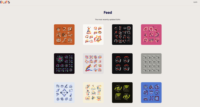 The image shows a website called GLiFS (Global Language Features Server) that displays an array of different designs or patterns for users to create their own artwork using various elements such as shapes, colors, and symbols. The website allows users to feed in their creations, which are then displayed on the screen along with other similar projects from around the world. The post encourages viewers to engage with the content by creating their own artwork based on the provided patterns or designs.