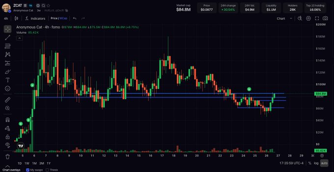 A TradingView chart for 2CAT showing a 24-hour price increase of 30.54% to $0.0877, with a market cap of $84.8M and notable green price action on the right side.