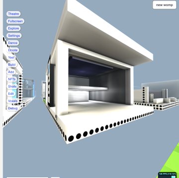 A minimalist 3D architectural rendering displayed within a "babylon-lite" editor interface, showing a modern white building model with circular details on its base. The interface includes a left-side toolbar with options like "Theatre," "Fullscreen," "Explore," and "Settings," along with a "New wornp" label in the top-right corner, illustrating the engine's capability to handle basic 3D scene viewing and interaction.