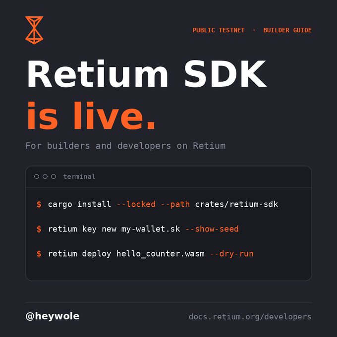 A dark-themed announcement graphic stating 'Retium SDK is live' for builders and developers, showing terminal commands including 'cargo install --locked --path crates/retium-sdk', 'retium key new my-wallet.sk --show-seed', and 'retium deploy hello_counter.wasm --dry-run', with credits to @heywole and docs.retium.org/developers.