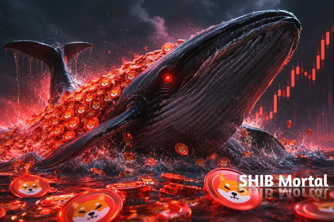 Dramatic digital artwork of a large whale emerging from red, fiery waters surrounded by Shiba Inu coins, with 'SHIB Mortal' text and red candlestick charts in the background.
