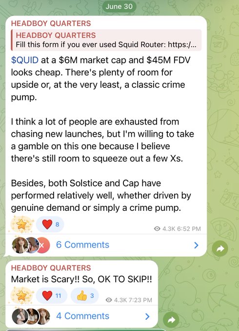 A Telegram post from "HEADBOY QUARTERS" dated June 30 discusses $QUID, noting its $6M market cap and $45M FDV as cheap with potential for a "classic crime pump." The post reflects the poster's confidence in the token, which aligns with their later success in predicting the 3.5X surge to 160M FDV mentioned in the accompanying caption.