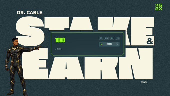 A promotional graphic featuring 'Dr. Cable' in a black and gold suit, advertising a 'STAKE & EARN' event with a reward of 1000 KOIN.