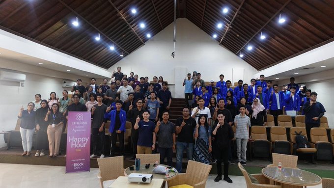 A large group photo taken indoors at an event, with people gathered around a banner reading 'Ethereum Kerala Happy Hour Bali' and 'Block Legion' sponsored by Polygon Studios.