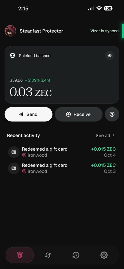A mobile screenshot of a crypto wallet app showing a 'Steadfast Protector' shielded balance of 0.03 ZEC ($39.26) with recent gift card redemption activity.