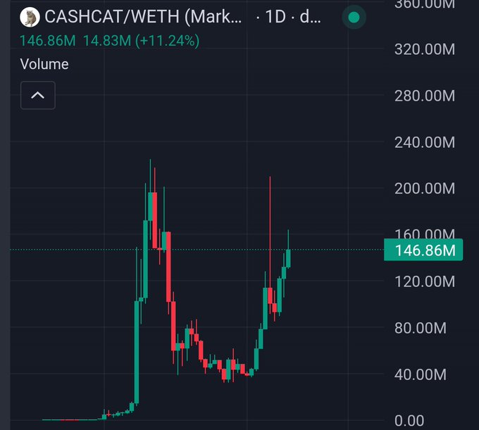 A candlestick chart shows the trading volume of the CASHCAT/WETH pair on a daily timeframe, displaying a current volume of 146.86M with a notable 11.24% increase, illustrating price volatility with significant peaks and dips.