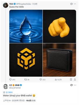 A social media post by CZ (@CZ_binance) replying to TCC (@TCryptoslicks) with an emoji riddle (water drop, pointing finger, BNB logo, wallet) and the answer: 'Water (drop) your BNB wallet.'