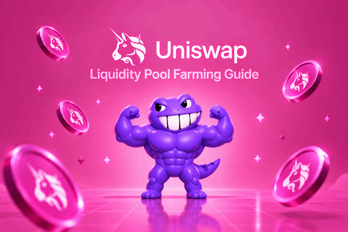 A vibrant pink graphic for a "Uniswap Liquidity Pool Farming Guide" features the Uniswap unicorn logo above a muscular purple cartoon character flexing, surrounded by floating pink tokens bearing the unicorn emblem. The playful, energetic design pairs with the post celebrating a team member's DeFi content, using the strong "buff" mascot to visually convey the empowering, gains-focused spirit of yield farming.
